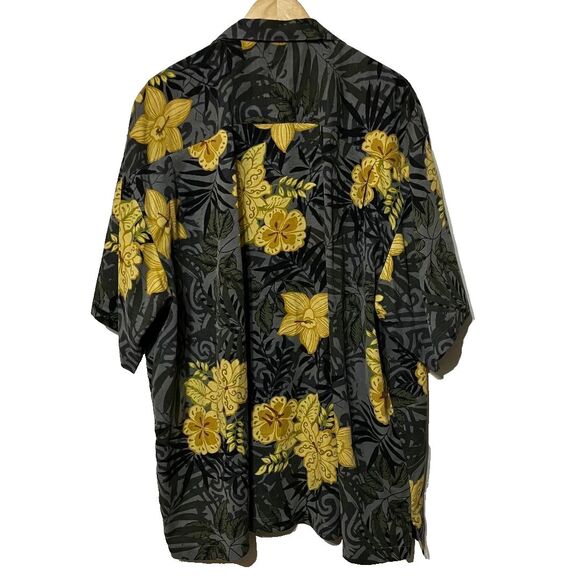 Tommy Bahama Hawaiian Charcoal Yellow Floral AOP Silk Camp Beach Shirt Men's XXL - Picture 2 of 8